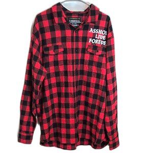 Red and Black Plaid Button-Up 'Assholes Live Forever' Shirt XXXL